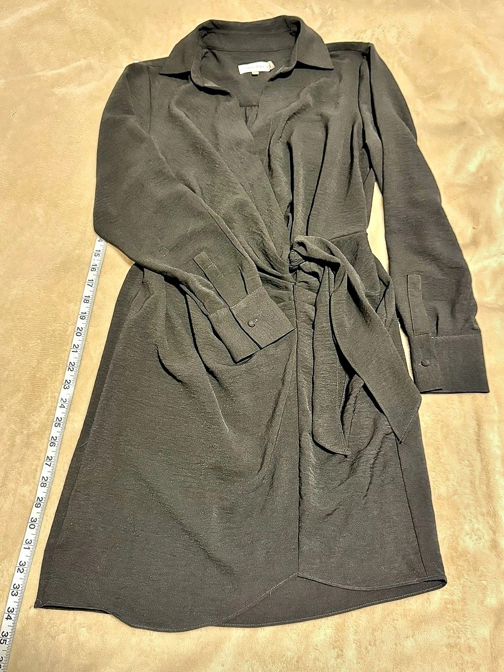 Calvin Klein Long Sleeve Tie Waist Faux Wrap Dress Black Small